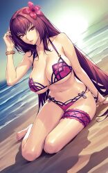 1girl absurdres bare_shoulders barefoot beach bikini bracelet breasts cleavage dynamitenatalia fate/grand_order fate_(series) flower frilled_thigh_strap hair_flower hair_ornament hibiscus highres jewelry large_breasts long_hair looking_at_viewer navel pink_bikini purple_hair red_eyes scathach_(fate) scathach_(fate/grand_order) scathach_(swimsuit_assassin)_(fate) shore solo sunset swimsuit thigh_strap thighs
