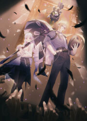 1boy 1girl absurdres bangboo_(zenless_zone_zero) black_feathers black_pants blue_shirt drill_hair feathers hand_in_pocket hat heterochromia highres holding holding_umbrella holding_unworn_clothes holding_unworn_hat hugo_vlad long_hair looking_at_viewer necktie pants parted_lips pointy_ears purple_eyes purple_hair purple_necktie purple_umbrella setora_q shirt shrug_(clothing) sideboob_cutout smile twin_drills umbrella unworn_hat unworn_headwear vivian_banshee white_shrug zenless_zone_zero