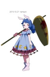 1girl animal_ears blood bloody_weapon blue_dress blue_hair braid dress female_focus full_body highres kine long_hair looking_at_viewer mallet multi-tied_hair namauni over_shoulder ponytail puffy_short_sleeves puffy_sleeves rabbit_ears red_eyes seiran_(touhou) short_sleeves smile solo touhou weapon