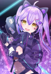 Rule 34 | 1girl, ahoge, animal ear headphones, animal ears, barcode, barcode tattoo, black gloves, black jacket, cropped jacket, fake animal ears, gloves, hair ornament, hairclip, hanase, headphones, heart, heart hair ornament, highres, jacket, looking at viewer, multicolored hair, navel, open mouth, purple hair, shinomiya runa, shinomiya runa (3rd costume), solo, streaked hair, tattoo, teeth, upper teeth only, virtual youtuber, vspo!, yellow eyes