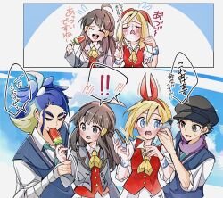 Rule 34 | 2boys, 2girls, adaman (pokemon), akari (pokemon), black hair, black hat, blonde hair, blue eyes, blue hair, blush, bottle, bracelet, breasts, brown eyes, closed eyes, cocoa s3, collared shirt, cosplay, eyebrow cut, eyelashes, fanning face, fanning self, food, green hair, grey eyes, grey jacket, hair between eyes, hairband, hat, holding, holding bottle, holding food, holding popsicle, irida (pokemon), jacket, jewelry, long hair, long sleeves, melting popsicle, multicolored hair, multiple boys, multiple girls, neckerchief, necktie, nintendo, official alternate color, official alternate costume, open clothes, open jacket, open mouth, pokemon, pokemon legends: arceus, pokemon masters ex, popsicle, purple scarf, red hairband, red vest, rei (academy) (pokemon), rei (pokemon), rosa (academy) (pokemon), rosa (pokemon), rosa (pokemon) (cosplay), scarf, school uniform, shirt, short hair, sidelocks, skirt, smile, sweat, vest, water bottle, white shirt, white skirt, yellow neckerchief
