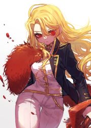 Rule 34 | 1girl, black jacket, blonde hair, blood, blood splatter, breasts, closed mouth, cowboy shot, don quixote (project moon), feather boa, floating hair, highres, holding, holding weapon, jacket, la manchaland (identity) (project moon), large breasts, limbus company, long hair, looking at viewer, pants, pmchell 04, project moon, red eyes, sancho (project moon), shirt, simple background, slit pupils, solo, weapon, white background, white pants, white shirt