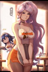 2girls alcohol alternate_costume beer beer_mug blue_hair breasts chair choker cleavage commission commissioner_upload cup evomanaphy fire_emblem fire_emblem:_genealogy_of_the_holy_war fire_emblem_awakening happy heart highres holding holding_tray hooters indoors ishtar_(fire_emblem) large_breasts logo long_hair lucina_(fire_emblem) medium_breasts mug multiple_girls nintendo orange_shorts pantyhose ponytail purple_eyes purple_hair shirt shorts side_ponytail smile table thick_thighs thighs tiara tray waitress white_shirt