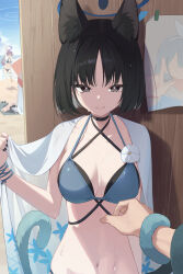 1other 3girls absurdres animal_ear_fluff animal_ears arm_up barefoot bikini black_bikini black_eyes black_hair black_nails blue_archive blue_bikini blue_haori breasts cat_ears cat_tail cleavage closed_mouth floral_print haori highres holding_another&#039;s_wrist japanese_clothes kikyou_(blue_archive) kikyou_(swimsuit)_(blue_archive) multiple_girls multiple_tails n_sol nagusa_(blue_archive) nagusa_(swimsuit)_(blue_archive) navel official_alternate_costume official_alternate_hairstyle parted_bangs ponytail pov purple_hair short_hair slit_pupils swimsuit tail tail_wrap thigh_strap two_tails wet white_hair yukari_(blue_archive) yukari_(swimsuit)_(blue_archive)
