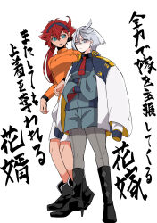 2girls asticassia_school_uniform black_boots black_hairband blue_eyes boots closed_mouth commentary_request crossed_arms green_jacket green_shorts grey_eyes grey_hair gundam gundam_suisei_no_majo hairband high_heel_boots high_heels highres jacket kusattatofu looking_at_viewer miorine_rembran multiple_girls necktie open_mouth orange_shirt red_hair red_necktie school_uniform shirt shorts simple_background suletta_mercury thick_eyebrows translation_request white_background white_jacket white_shorts