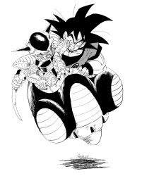 1st_form_frieza 2boys clenched_hands dougi dragon_ball dragonball_z fenyon frieza greyscale halftone highres horns hovercraft male_focus monochrome multiple_boys simple_background son_goku spiked_hair watercraft