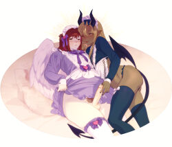 1futa 1girl angel_and_devil angel_wings between_legs blonde_hair blush bow_legwear demon demon_horns demon_tail demon_wings dress erection frilled_skirt frills futa_with_female futanari hair_ribbon hand_on_another&#039;s_head highres horns leg_between_thighs long_hair long_sleeves looking_at_viewer maid maid_headdress one_eye_closed original plump precum pubic_hair purple_dress purple_ribbon raised_eyebrows red_hair ribbon roarke_(lavenderincubus) short_dress skirt tail tail_between_legs teasing testicles thighhighs uncensored white_thighhighs wings