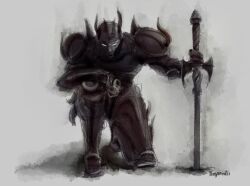 1boy arm_on_knee arm_rest armor aura black_armor black_helmet blank_eyes cecil_harvey dark_aura fake_horns final_fantasy final_fantasy_iv full_armor helmet highres holding holding_sword holding_weapon horned_helmet horns knight looking_at_viewer male_focus on_one_knee planted planted_sword planted_weapon shoulder_spikes spiked_pauldrons spikes sword tempomcflurry weapon white_eyes