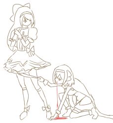 2girls blood breasts cosplay female_pervert gloves hair_ribbon highres kaname_madoka large_breasts legs magical_girl medium_breasts miki_sayaka monochrome multiple_girls nakoruru nosebleed open_mouth panties panty_pull pervert pulling_another&#039;s_clothes ribbon rimururu samurai_spirits short_hair siblings sisters sketch small_breasts snk thighs twintails underwear
