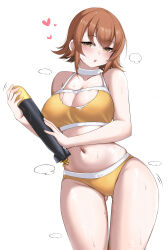 Rule 34 | 1girl, absurdres, bikini, blush, breasts, brown eyes, brown hair, choker, cowboy shot, gluteal fold, heart, highres, jiangyou dang, kantai collection, large breasts, looking at viewer, navel, official alternate costume, open mouth, orange bikini, richard p. leary (kancolle), richard p. leary (swimsuit) (kancolle), simple background, solo, stomach, swimsuit, torpedo, white background, white choker