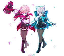 Rule 34 | 1boy, 1girl, animal ear fluff, animal ears, back bow, black boots, black gloves, black pantyhose, black vest, blonde hair, blue bow, blunt bangs, boots, bow, bowing, bowtie, butler bowing, cape, cat ears, closed eyes, closed mouth, commentary request, dress, frilled dress, frills, full body, garter straps, genshin impact, gloves, grey hair, hat, highres, holding, holding unworn clothes, holding unworn hat, lace-up boots, lofter username, lynette (genshin impact), lyney (genshin impact), mibai yume, multicolored hair, outstretched arms, pantyhose, purple cape, red bow, red bowtie, short dress, skirt, sparkle, standing, streaked hair, thighhighs, two-tone skirt, unworn hat, unworn headwear, vest, white background