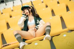 1girl arena asian baseball_bat baseball_cap black_hair bra breasts chair chinese_(nationality) chunmomo0127 cleavage fellatio_gesture frontal_wedgie green_baseball_cap green_jacket green_socks half-closed_eyes hat jacket medium_breasts navel outdoors oversized_clothes oversized_jacket panties panty_pull photo_(medium) real_life shoes sitting on_chair sneakers socks spread_legs stomach thighs twintails unbuttoned unbuttoned_jacket underwear wedgie white_bra white_chair white_footwear white_panties yellow_chair