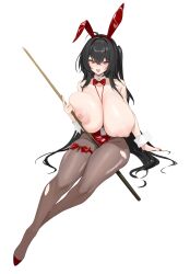 1girl absurdres animal_ears azur_lane black_hair bow bowtie breasts breasts_out cue_stick detached_collar fake_animal_ears highres huge_breasts iak large_areolae leotard long_hair looking_at_viewer nipples official_alternate_costume pantyhose playboy_bunny puffy_nipples rabbit_ears red_bow red_bowtie red_eyes solo taihou_(azur_lane) taihou_(fun_on_the_baize)_(azur_lane) thigh_strap torn_clothes torn_pantyhose very_long_hair wrist_cuffs