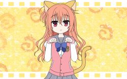 Rule 34 | 1girl, animal ear hairband, animal ears, bilibili 199163468, blue bow, blue bowtie, blush stickers, bow, bowtie, cat ears, cat tail, closed mouth, cowboy shot, eyes visible through hair, fake animal ears, fake tail, grey sailor collar, grey skirt, hair between eyes, hairband, hands up, highres, inaba meguru, jacket, letterman jacket, long hair, looking at viewer, nyanyanyanyanyanyanya! (vocaloid), one side up, orange hair, parody, paw pose, pink jacket, plaid clothes, plaid skirt, red eyes, sailor collar, sanoba witch, school uniform, serafuku, simple background, skirt, sleeves past wrists, smile, solo, straight-on, tail, wavy hair, white sleeves, yellow background