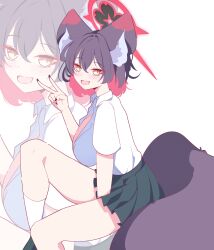1girl absurdres alternate_costume alternate_hair_length alternate_hairstyle amebrew animal_ear_fluff black_hair black_skirt blue_archive blush breasts colored_inner_hair fang fox_girl fox_tail hair_between_eyes highres kneehighs large_breasts looking_at_viewer makeup multicolored_hair open_mouth pleated_skirt red_hair shirt short_hair short_sleeves skin_fang skirt socks solo tail two-tone_hair v wakamo_(blue_archive) white_shirt white_socks yellow_eyes zoom_layer