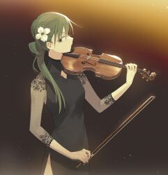 1girl aaniko black_background black_dress black_eyes bow_(music) chinese_commentary commentary_request covered_collarbone cowboy_shot diamond_cutout dress eyelashes flower green_hair hair_bun hair_flower hair_ornament hair_over_shoulder highres holding holding_bow_(music) holding_instrument holding_violin instrument kagerou_project kido_tsubomi lace_sleeves light_particles long_hair looking_at_viewer low_ponytail parted_lips pointy_nose ponytail see-through_clothes see-through_sleeves side_slit single_side_bun sleeves_past_wrists solo standing violin white_flower
