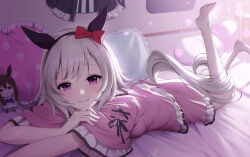 1girl absurdres animal_ears bed black_hairband bow closed_mouth commentary_request curren_chan_(umamusume) feet_up frilled_shirt frilled_shorts frills grey_hair hair_bow hairband highres horse_ears horse_girl horse_tail indoors looking_at_viewer lying on_bed on_stomach pajamas pillow pink_shirt pink_shorts purple_eyes red_bow sayosayo-0 shirt short_hair short_sleeves shorts smile solo tail the_pose umamusume