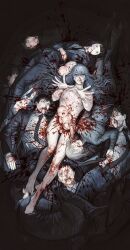 1girl 2girls 6+boys baby black_suit blood blood_on_body blood_on_face bulging_eyes death formal_clothes guro highres huli_xiaobai jujutsu_kaisen long_hair looking_at_viewer lying mahito_(jujutsu_kaisen) multiple_boys multiple_girls nude on_back pile_of_corpses suit umbilical_cord
