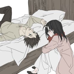 Rule 34 | 1boy, 1girl, bed frame, bed sheet, black hair, black pants, cardigan, eren yeager, grey shirt, hand in another&#039;s hair, highres, hugging own legs, light blush, long hair, long skirt, looking at another, mikasa ackerman, open mouth, pants, pillow, pink cardigan, reclining, red scarf, scarf, shingeki no kyojin, shirt, short hair, skirt, smile, white skirt, zhuse fuxianqing