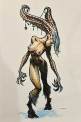 1girl blue_hair breasts claws closed_eyes collarbone commentary completely_nude english_commentary full_body highres hooves horns marker_(medium) medium_breasts monster_girl navel nude original ryan_ottley signature solo traditional_media