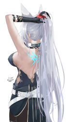 1girl absurdres animal_ears back back_tattoo backless_shirt black_gloves breasts commentary_request cowboy_shot elbow_gloves feixiao_(honkai:_star_rail) fox_ears from_behind gloves highres holding holding_own_hair honkai:_star_rail honkai_(series) large_breasts long_hair sanvicept signature simple_background solo tattoo twitter_username very_long_hair white_background white_hair