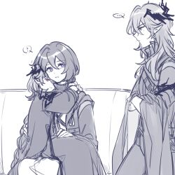Rule 34 | ..., 1girl, 2boys, ?, age comparison, age difference, arknights, arms around neck, braid, chinese commentary, commentary, couch, crossed arms, doctor (arknights), earrings, female doctor (arknights), frown, gloves, hair between eyes, head wings, horns, jacket, jewelry, kunogawa, logos (arknights), logos (young) (arknights), long hair, mole, mole under eye, monochrome, multiple boys, on couch, original, pointy ears, purple eyes, red eyes, simple background, sitting, sitting on lap, sitting on person, smirk, spoken ellipsis, spoken question mark, spot color, turtleneck, very long hair, wings