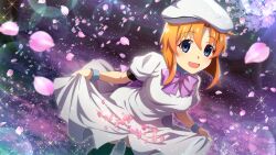 1girl :d black_thighhighs blue_eyes bow bowtie cherry_blossoms dress dutch_angle falling_petals feet_out_of_frame game_cg highres higurashi_no_naku_koro_ni higurashi_no_naku_koro_ni_mei leaning_forward lens_flare looking_at_viewer non-web_source official_art open_mouth orange_hair outdoors petals pink_petals purple_bow purple_bowtie ryuuguu_rena short_hair short_sleeves skirt_basket skirt_hold smile solo sparkle standing thighhighs tree white_dress white_hair wristband