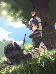 1girl absurdres black_leotard black_socks blue_hair breasts closed_mouth covered_erect_nipples feet foot_focus highres large_breasts leotard no_shoes outdoors red_eyes restrained shoes smile socks soles solo stationary_restraints sword_art_online tied_to_tree tree under_tree unworn_shoes yukumo_no_ki yuuki_(sao)