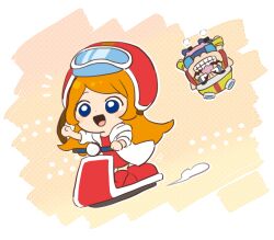 1boy 1girl bebe_0620 blue_eyes blue_shirt chibi coat dress facial_hair gloves grin helmet long_hair mona_(warioware) motor_vehicle motorcycle_helmet mustache nintendo on_scooter open_mouth orange_hair pants pink_pants red_dress red_footwear scooter shirt smile wario warioware warioware:_get_it_together! white_coat yellow_gloves