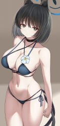 1girl animal_ears asamura_hiori bare_shoulders bikini black_bikini black_eyes black_hair blue_archive blue_bikini breasts cat_ears cat_tail cleavage highres kikyou_(blue_archive) kikyou_(swimsuit)_(blue_archive) large_breasts layered_bikini looking_at_viewer multiple_tails navel revision solo swimsuit tail two_tails