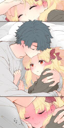 Rule 34 | 1boy, 1girl, azumi (myameco), black hair, blonde hair, blush, closed eyes, closed mouth, commentary request, ear blush, ereshkigal (fate), fate/grand order, fate (series), fujimaru ritsuka (male), grey shirt, hair ribbon, hetero, long hair, long sleeves, one-piece swimsuit, red eyes, red ribbon, ribbon, shirt, short hair, swimsuit