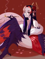 Rule 34 | 1girl, absurdres, animal ears, bird ears, bird legs, black eyes, black feathers, black hair, blush, bright pupils, cherry blossoms, claws, commentary, english commentary, feathered wings, feathers, flower, hair flower, hair ornament, harpy, highres, holding, holding smoking pipe, long hair, looking at viewer, monster girl, moon, multicolored hair, original, parted bangs, petals, pursed lips, red background, red feathers, red hair, smoke, smoking, smoking pipe, solo, talons, two-tone hair, two-tone wings, unreal fish, white pupils, winged arms, wings
