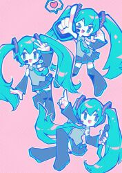 1girl ;d aqua_eyes aqua_hair aqua_necktie bare_shoulders black_skirt black_sleeves black_thighhighs blush_stickers collared_shirt commentary deformed detached_sleeves english_commentary grey_shirt hair_ornament hatsune_miku heart highres holding holding_microphone l_hand long_hair microphone multiple_views necktie one_eye_closed open_mouth parororo pink_background pleated_skirt shirt skirt sleeveless sleeveless_shirt smile spoken_heart thighhighs tie_clip twintails very_long_hair vocaloid w