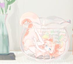 1girl animal_ear_fluff artist_name axolotl_girl axolotl_tail blue_eyes camisole commentary_request extra_ears fishbowl floating_hair full_body grey_background indoors kinutani_yutaka long_hair long_tail looking_at_viewer mini_person minigirl original pink_camisole pink_hair plant potted_plant solo submerged tail twintails very_long_hair watermark