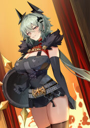 1girl absurdres black_horns black_shorts black_thighhighs blush breasts caesar_king_(zenless_zone_zero) chest_guard cleavage commentary_request criss-cross_straps dutch_angle fake_horns fire fur_trim hair_between_eyes hair_ornament high-waist_shorts highres holding holding_shield horns large_breasts long_hair looking_at_viewer open_mouth orange_background prosthesis prosthetic_arm shield shorts smile solo spiked_shield standing thighhighs thighs turtleneck very_long_hair x_hair_ornament yellow_eyes yueyueyue_yao zenless_zone_zero