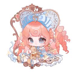 1girl :3 argyle_bonnet argyle_clothes argyle_sleeves blue_bonnet blue_bow blue_bowtie blue_dress blue_eyes blue_shoes blue_sleeves bonnet bow bowtie character_profile chibi chinese_commentary classic_lolita closed_mouth collar commentary_request cross-laced_armwear curly_hair detached_collar detached_sleeves dress drill_hair earrings eeeestella eyelashes faewish_sprite flower footwear_bow fortissimo frilled_arm_warmers frilled_collar frilled_dress frilled_sleeves frills gold_earrings gown green_brooch hair_bow hair_ornament hair_ribbon happy heart-shaped_bonnet high_heels highres holding holding_stuffed_toy hoop_earrings infinity_nikki jewelry lace-trimmed_headwear lace_trim leaf light_blush lolita_fashion long_dress long_hair looking_at_object multiple_hat_bows musical_note musical_note_hair_ornament nikki_(series) orange_hair pantyhose picture_frame pink_flower pink_rose puffy_short_sleeves puffy_sleeves pumps ribbon rose shoes short_sleeves simple_background sitting smile solo sparkling_eyes strapless strapless_dress stuffed_animal stuffed_toy tareme teddy_bear timeless_melody_(infinity_nikki) very_long_hair white_arm_warmers white_background white_bow white_collar white_pantyhose white_ribbon winding_key
