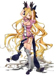 1girl blonde_hair boots breasts btb cleavage date_a_live gloves hair_bun hoshimiya_mukuro solo yellow_eyes