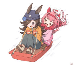 &gt;_&lt; 2girls :d animal_ears beanie black_hat black_socks blue_flower blue_rose blush boots bow brown_boots brown_hair brown_jacket brown_mittens commentary_request ear_bow ears_through_headwear flower fringe_trim grey_pants hair_over_one_eye hairband haru_urara_(umamusume) hat highres horse_ears horse_girl horse_tail jacket long_hair mittens motion_lines multiple_girls open_mouth pants pink_hair pink_jacket pink_pants pink_socks ponytail purple_eyes rakugakiraid red_hairband red_scarf rice_shower_(umamusume) rose scarf shoe_soles signature sled sledding smile socks speed_lines tail umamusume very_long_hair white_bow xd
