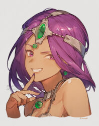 1girl bare_shoulders breasts circlet cleavage cropped_shoulders dark-skinned_female dark_skin dragon_quest dragon_quest_iv earrings finger_to_mouth fingernails forehead_jewel gem green_gemstone grin hand_up herayoshi highres jewelry long_hair looking_at_viewer manya_(dq4) metal_bra nail_polish neck_ring parted_bangs purple_eyes purple_hair purple_nails smile solo sphere_earrings uneven_eyes