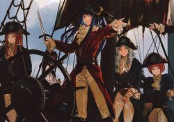 5girls alternate_universe ashashio character_request cutlass furudo_erika hat helm helmet highres holding holding_sword holding_weapon jacket jolly_roger multiple_girls pants pirate_hat pirate_ship red_jacket sketch sword umineko_no_naku_koro_ni weapon white_pants