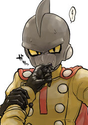 2boys android arms_up biting biting_another&#039;s_finger black_gloves blush brothers cape colored_sclera colored_skin dolphin_boy dragon_ball dragon_ball_super dragon_ball_super_super_hero finger_in_another&#039;s_mouth fins gamma_1 gamma_2 gloves grey_skin head_fins highres holding holding_another&#039;s_wrist incest jacket looking_at_viewer male_focus multicolored_skin multiple_boys no_eyebrows number_print obata2nd open_mouth pov pov_hands red_cape siblings simple_background speech_bubble sweat teeth translation_request turtleneck turtleneck_jacket twins two-tone_skin upper_body white_background white_skin yaoi yellow_jacket yellow_sclera