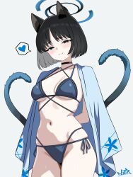 1girl absurdres animal_ears bikini black_bikini black_choker black_eyes black_hair blue_archive blue_bikini blue_halo blush cat_ears cat_girl choker halo heart highres kikyou_(blue_archive) kikyou_(swimsuit)_(blue_archive) layered_bikini looking_at_viewer multiple_tails navel nazara774 short_hair side-tie_bikini_bottom solo spoken_heart swimsuit tail two_tails white_background