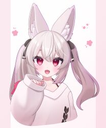 1girl :d absurdres animal_ear_fluff animal_ears black_bow black_ribbon blush bow cropped_torso fang fox_ears fox_girl grey_hair hair_between_eyes hair_bow hand_up highres karin_(vrchat) long_hair long_sleeves looking_at_viewer mashir_oxo off-shoulder_sweater off_shoulder open_mouth pinching_sleeves puffy_long_sleeves puffy_sleeves red_eyes ribbon simple_background sleeves_past_wrists smile solo sweater twintails two-tone_background upper_body vrchat white_background white_sweater