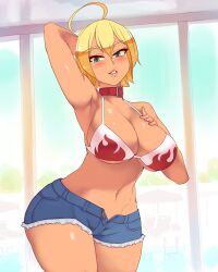 1girl ahoge arm_up armpits bikini bikini_top_only blonde_hair blush breasts cleavage collar curvy female_focus green_eyes large_breasts looking_at_viewer mito_ikumi navel rtil shokugeki_no_souma short_hair short_shorts shorts solo unbuttoned wide_hips