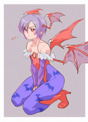 1girl animal_print bare_shoulders bat_print bat_wings between_legs boots border breasts commentary darkstalkers demon_girl fur-trimmed_leotard fur_trim futa_yuri_ryona hand_between_legs head_wings high_heel_boots high_heels kneeling leotard lilith_(darkstalkers) low_wings outside_border own_hands_together pantyhose print_pantyhose purple_hair purple_pantyhose red_boots red_eyes red_leotard short_hair small_breasts solo strapless strapless_leotard white_border wings