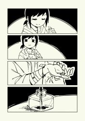 1girl 4koma bleeding blood boxcutter comic cutting closed_eyes greyscale highres hood hoodie injury inkwell knife monochrome no_nose original pas_(paxiti) ponytail self-harm short_hair smile wrist_cutting