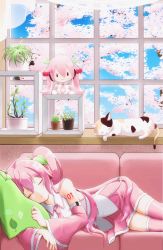 1girl 60yen :&gt; absurdres bare_shoulders cactus calico cat character_doll cherry_blossoms cherry_hair_ornament closed_eyes commentary couch cowboy_shot day detached_sleeves doll facing_viewer food-themed_hair_ornament hair_ornament hatsune_miku highres leaf_print long_hair lying miniskirt necktie on_side pillow pink_hair pink_neckwear pink_skirt pink_sleeves pink_thighhighs plant pleated_skirt potted_plant sakura_miku sanpati_(style) shirt shoulder_tattoo skirt sleeping sleeveless sleeveless_shirt smile solid_circle_eyes spider_plant tattoo thighhighs tree twintails very_long_hair vocaloid white_shirt window zettai_ryouiki