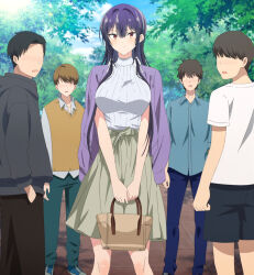 Rule 34 | 1girl, 4boys, absurdres, anime screenshot, bag, breasts, closed mouth, faceless, faceless male, hair ribbon, haite kudasai takamine-san, highres, holding, holding bag, jacket, jacket on shoulders, large breasts, long hair, looking at viewer, multiple boys, outdoors, purple hair, purple jacket, red eyes, ribbon, shirt, shirt tucked in, skirt, sleeveless, sleeveless shirt, solo focus, standing, stitched, takamine takane, third-party edit, very long hair, white ribbon, white shirt