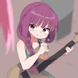 1girl bare_shoulders black_bow black_nails blunt_bangs blurry blurry_background bocchi_the_rock! bow braid closed_mouth collarbone dress green_dress guitar hair_bow hair_over_shoulder highres hiroi_kikuri holding holding_carton holding_guitar holding_instrument instrument long_hair looking_at_viewer magg_(user_mtca8588) nail_polish purple_eyes purple_hair ringed_eyes single_braid smile solo sweatdrop