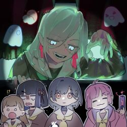 &gt;_&lt; 5girls :d ^_^ ahoge anyoji_hime blue_eyes blunt_bangs blunt_sidelocks braid brown_hair center-flap_bangs ceras_yanagida_lilienfeld closed_eyes closed_mouth commentary curtains dripping_eye fang fangs flower flower_knot ghost glowing glowing_eyes grey_hair gun hair_flower hair_ornament hair_ribbon handgun highres hinoshita_kaho holding holding_gun holding_weapon jitome kachimachi_kosuzu katsuragi_izumi link!_like!_love_live! long_hair love_live! momose_ginko multiple_girls murano_sayaka o_o open_mouth orange_eyes osawa_rurino pink_hair pink_ribbon pipi_(m1x_mix) ribbon scared side_braids sidelocks skin_fang slit_pupils smile symbol-only_commentary triangle_hair_ornament v-shaped_eyebrows virtual_youtuber weapon white_flower xd zombie